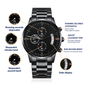 Personalize gift that can withstand constant use, Engraved Black Chronograph Watch.