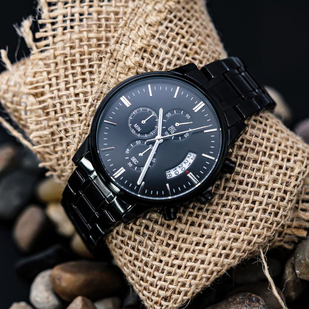 Personalize  gift that can withstand constant use, Engraved Black Chronograph Watch.