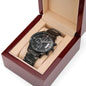 Personalize gift that can withstand constant use, Engraved Black Chronograph Watch.