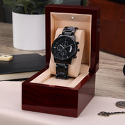 Personalize  gift that can withstand constant use, Engraved Black Chronograph Watch.