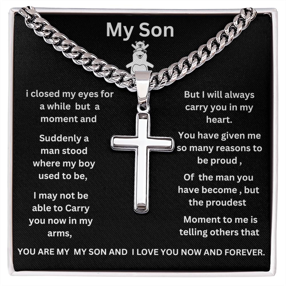 To My Son Cuban Link Chain with Engraved Artisan Cross