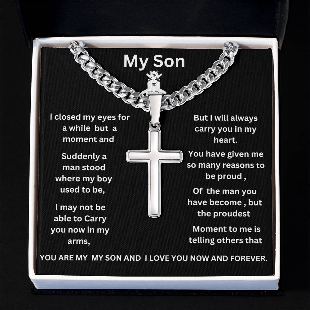 To My Son Cuban Link Chain with Engraved Artisan Cross