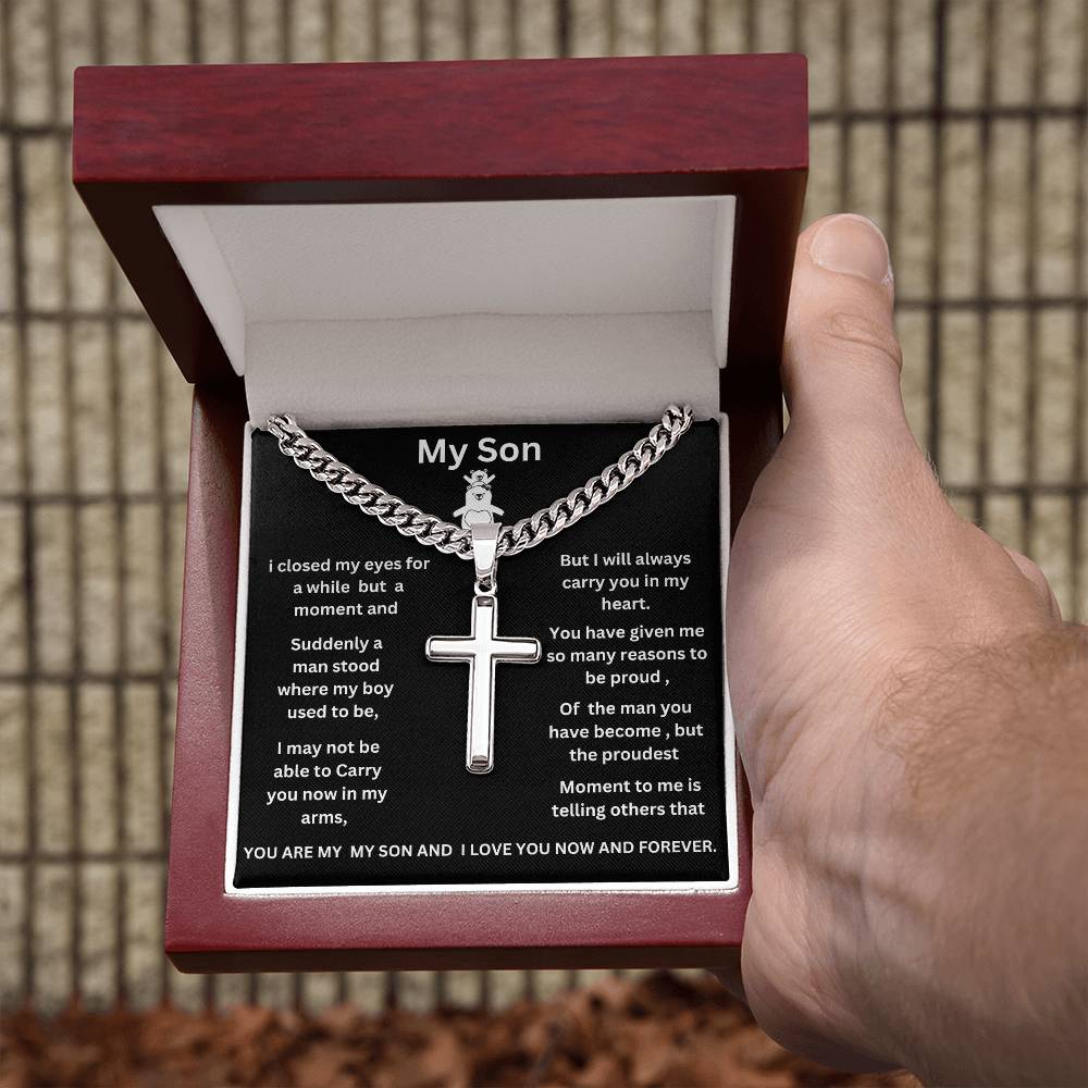 To My Son Cuban Link Chain with Engraved Artisan Cross