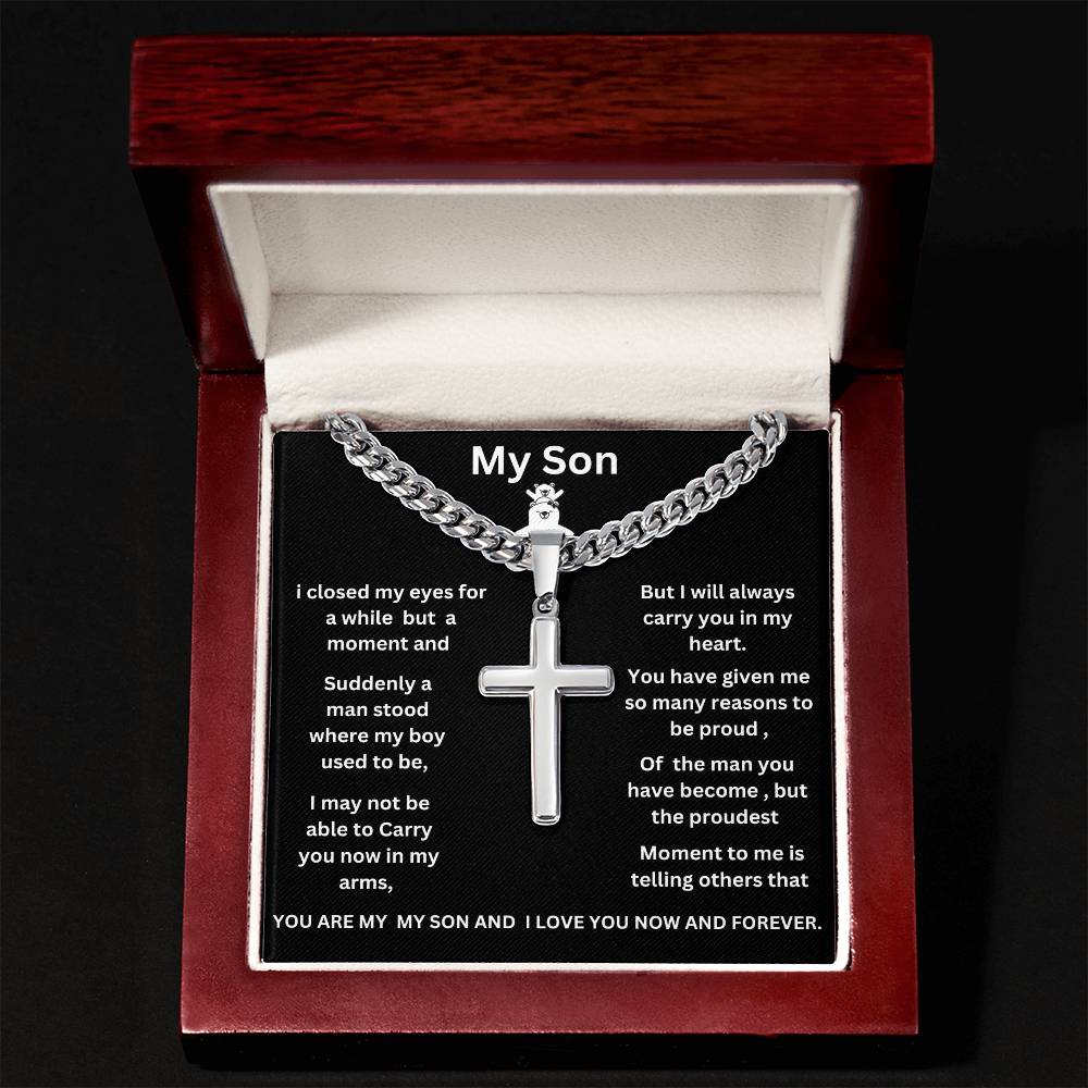 To My Son Cuban Link Chain with Engraved Artisan Cross