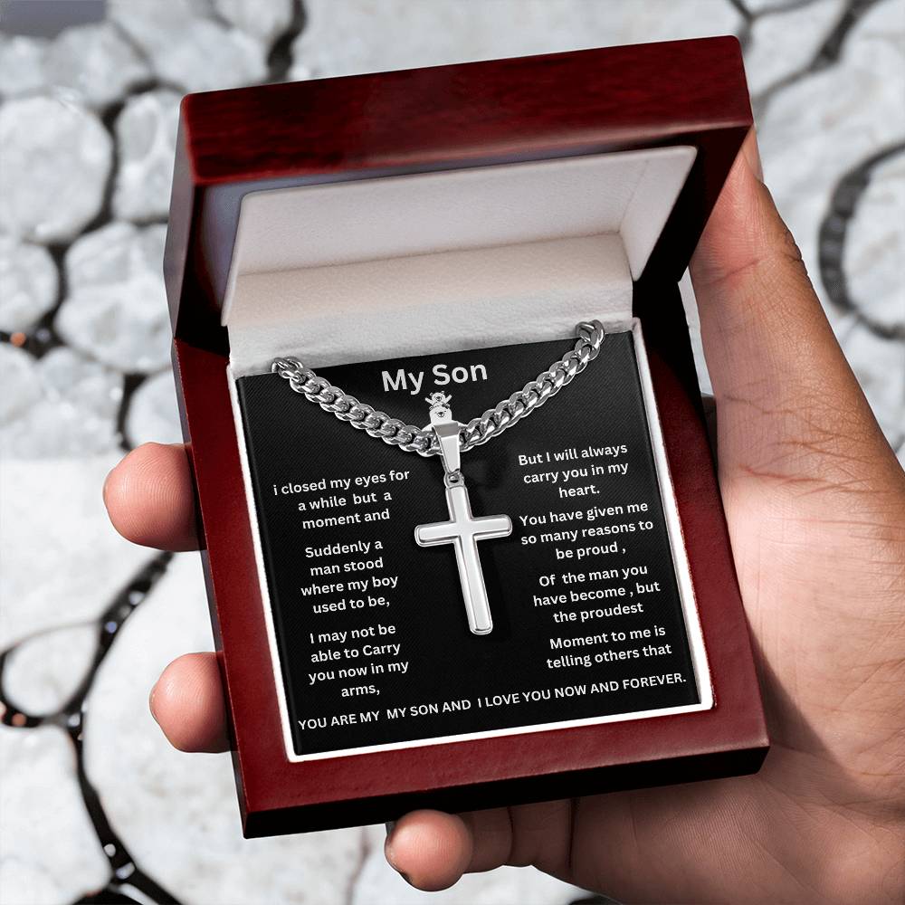 To My Son Cuban Link Chain with Engraved Artisan Cross