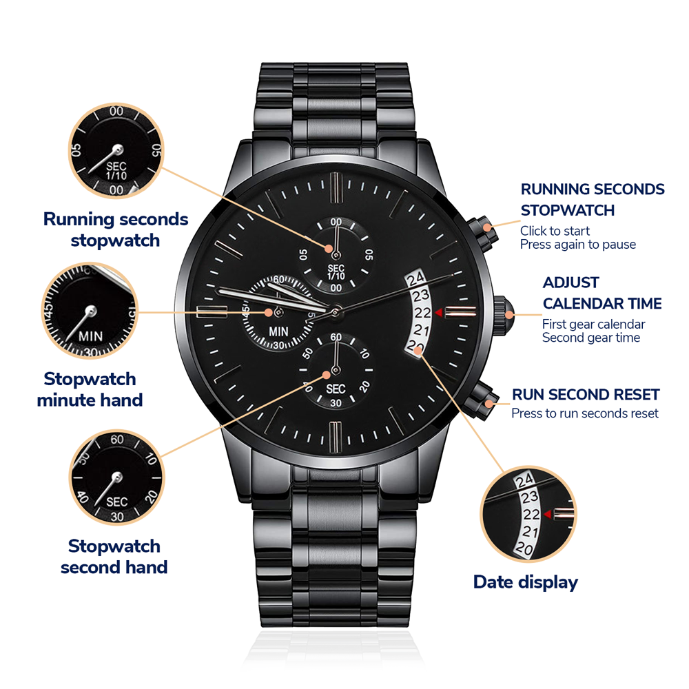 Personalize  gift that can withstand constant use, Engraved Black Chronograph Watch.