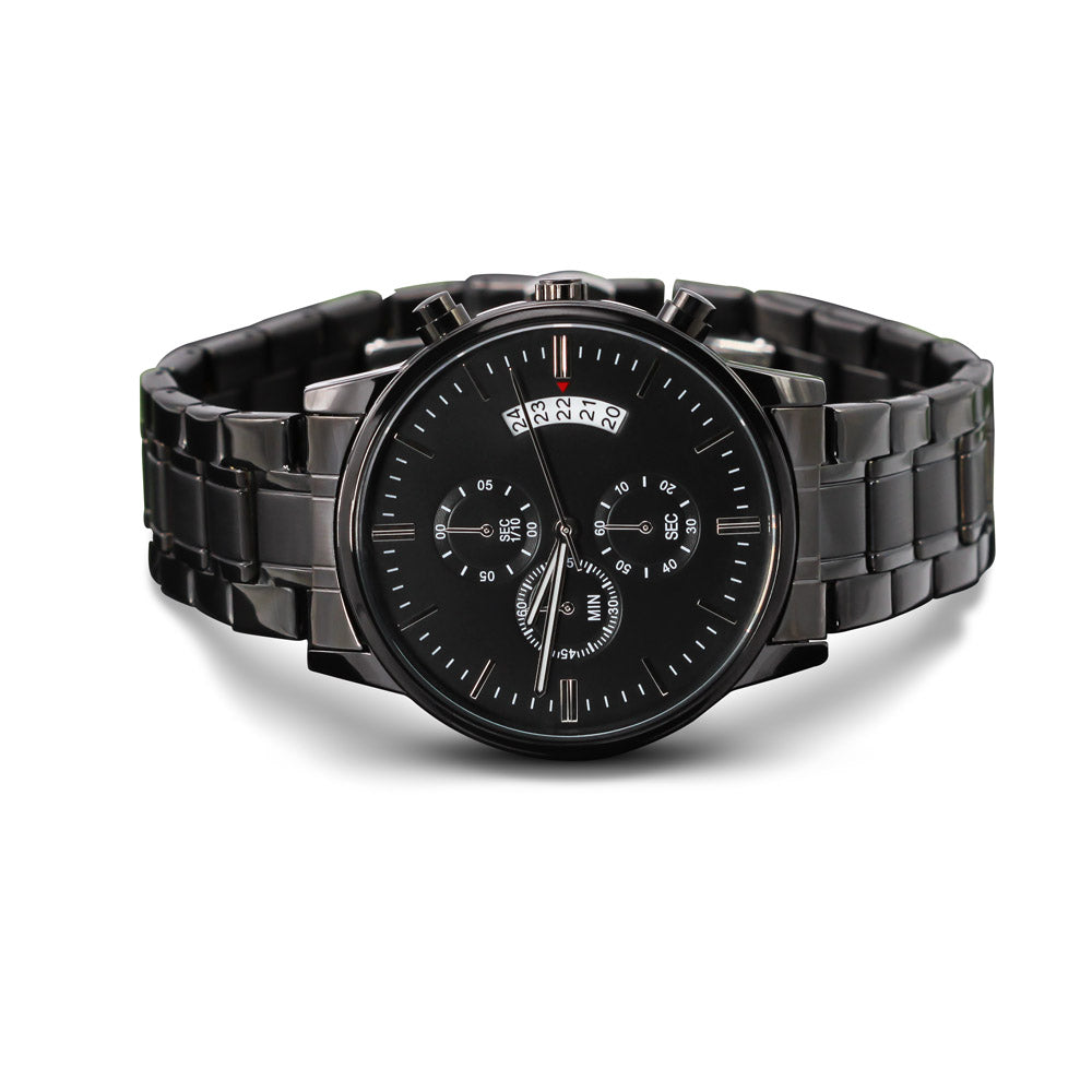 Personalize  gift that can withstand constant use, Engraved Black Chronograph Watch.