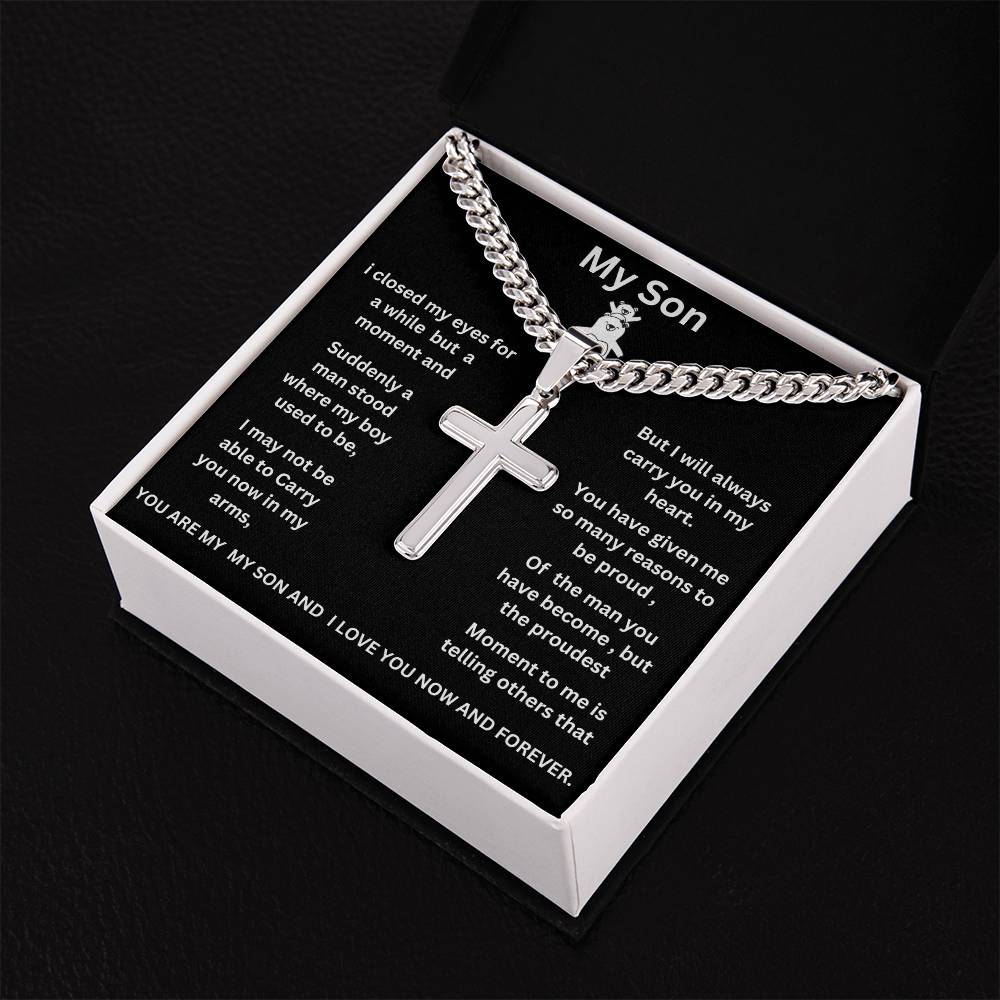 To My Son  Cuban Link Chain with Engraved Artisan Cross