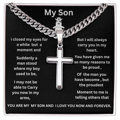 To My Son  Cuban Link Chain with Engraved Artisan Cross