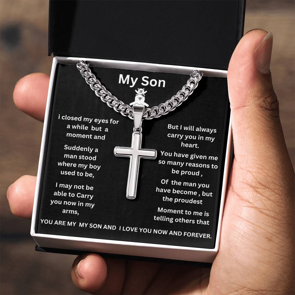 To My Son  Cuban Link Chain with Engraved Artisan Cross