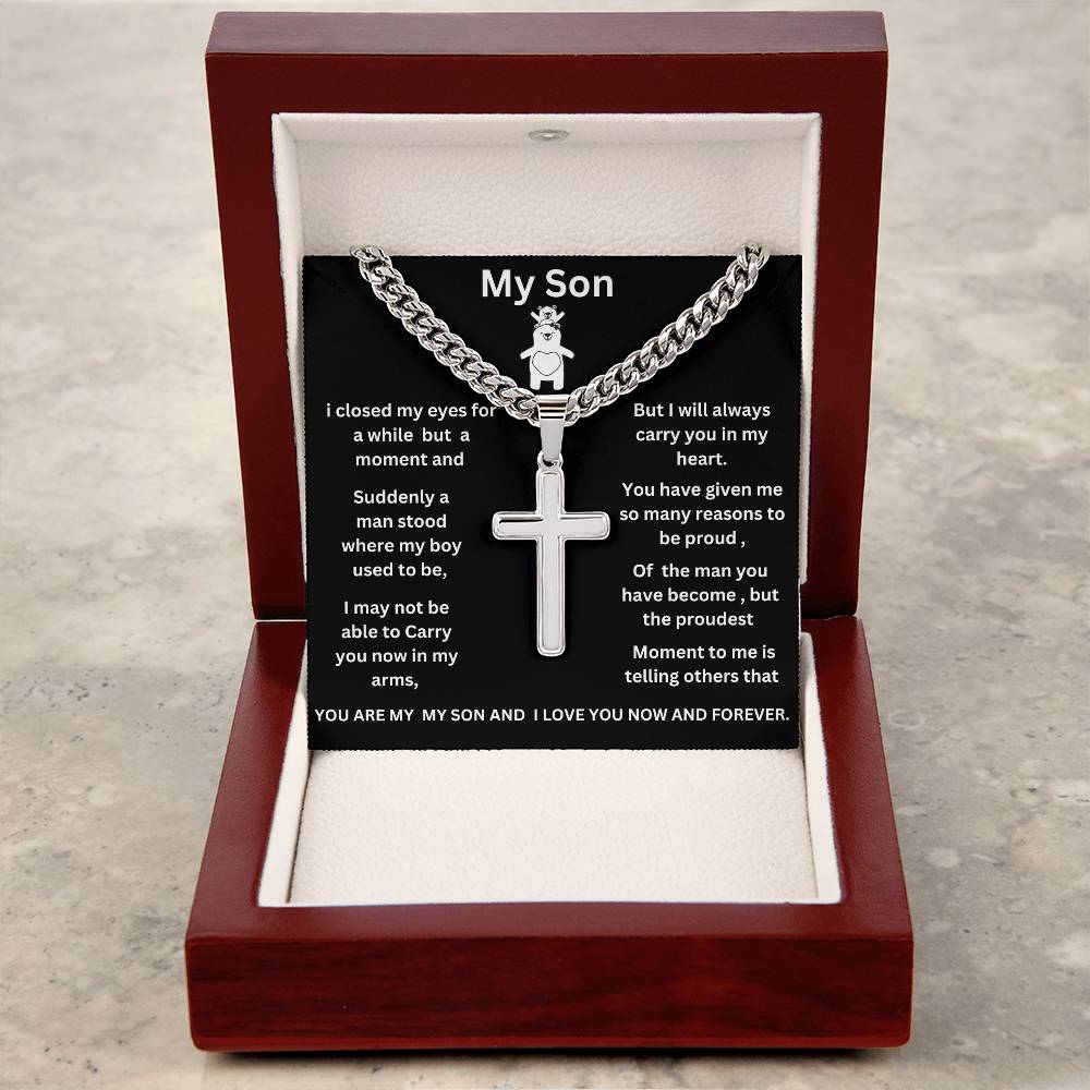 To My Son  Cuban Link Chain with Engraved Artisan Cross