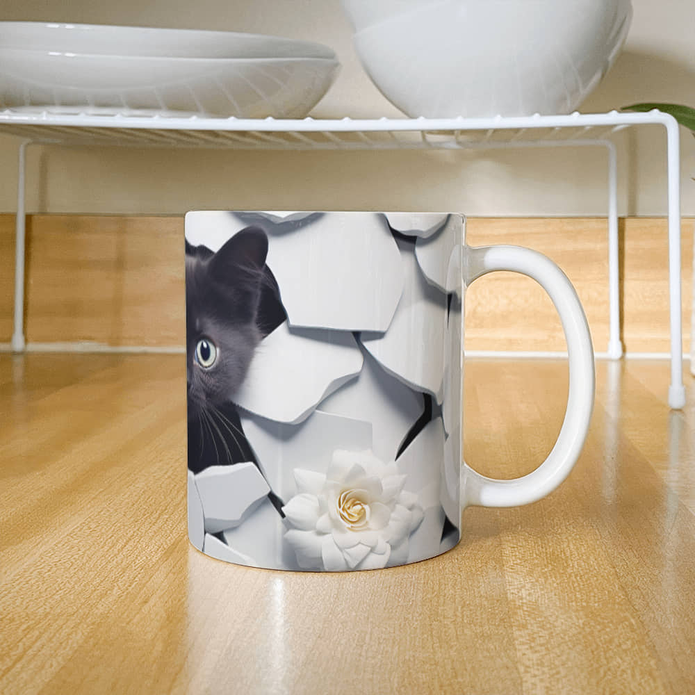 3D black cat White Ceramic Mug