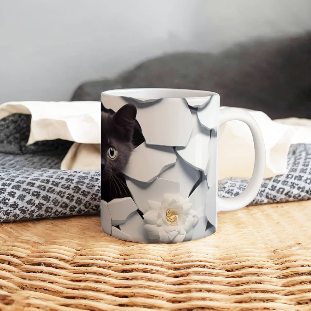 3D black cat White Ceramic Mug