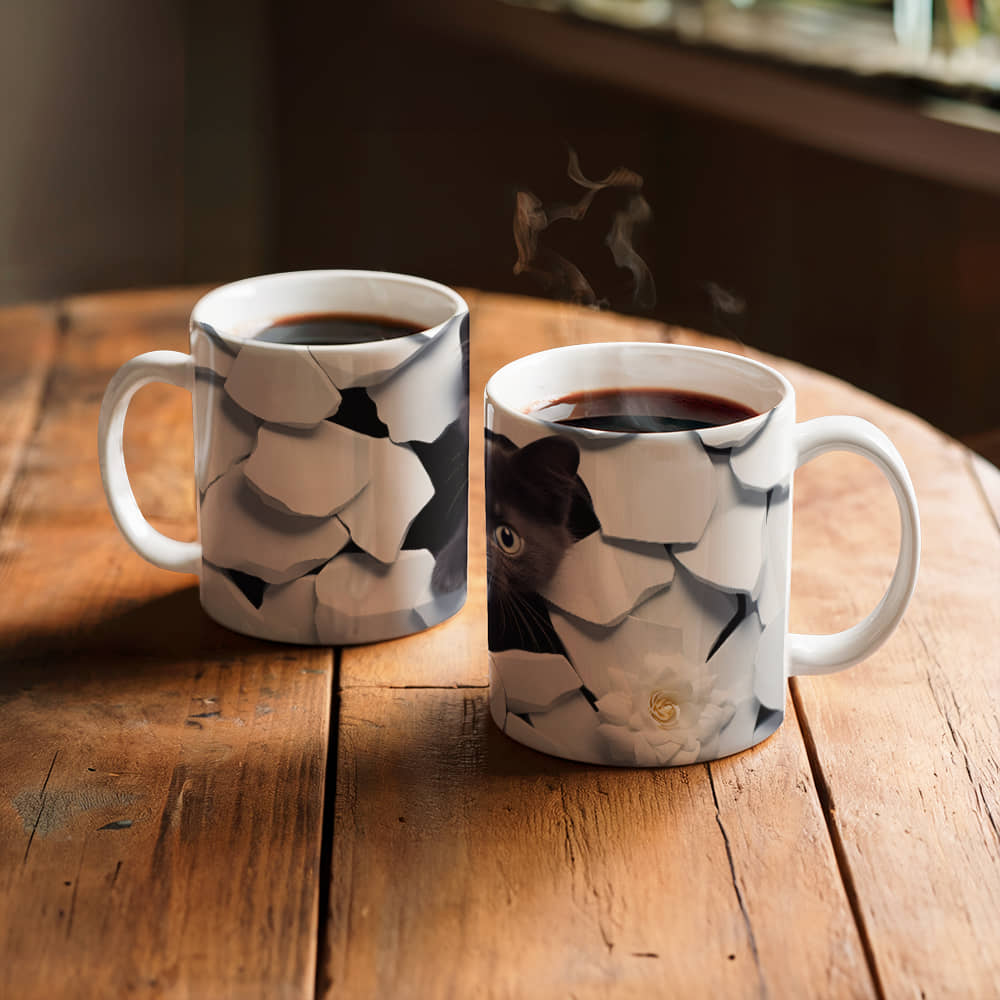 3D black cat White Ceramic Mug