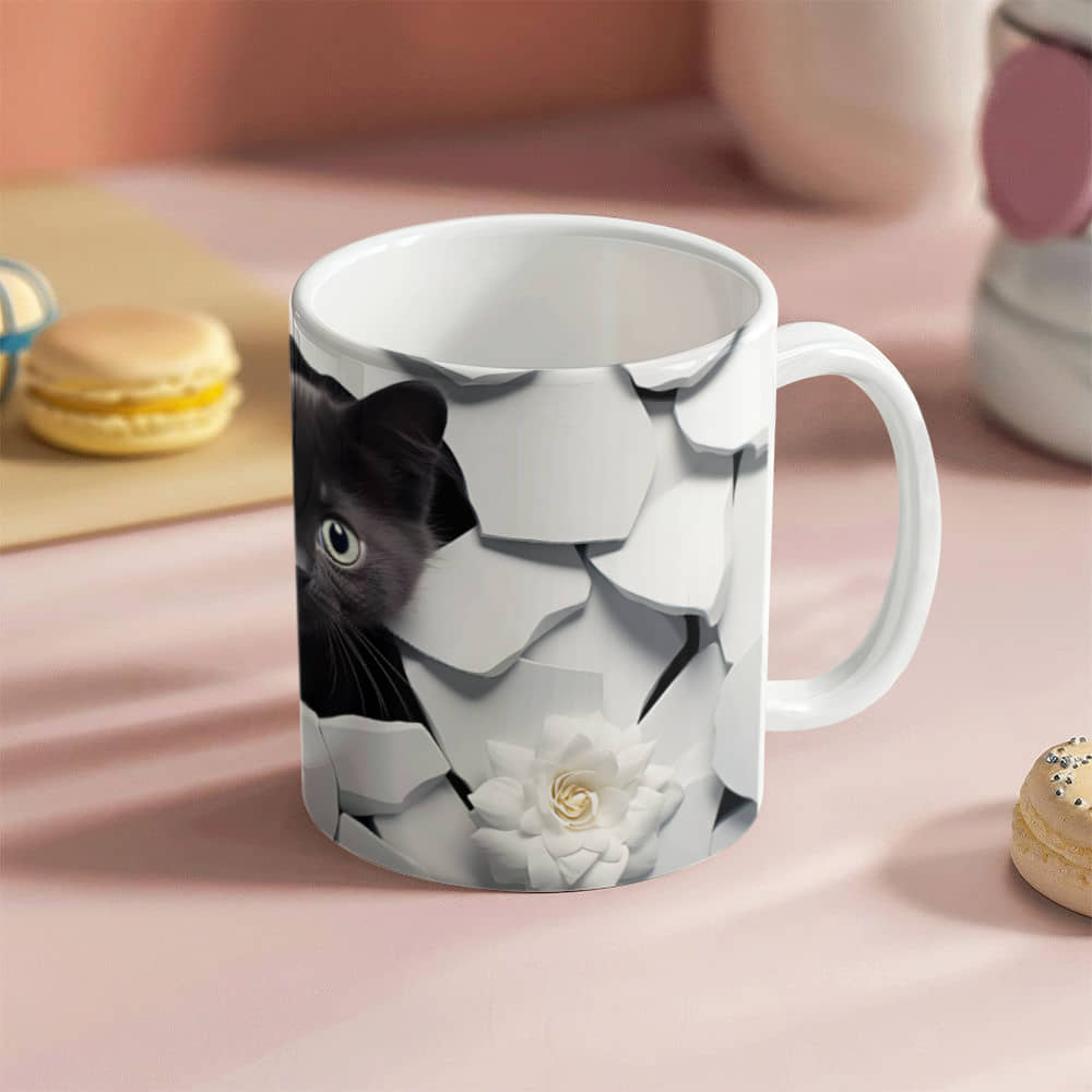 3D black cat White Ceramic Mug