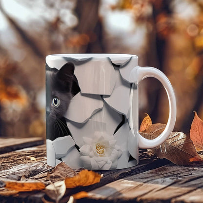 3D black cat White Ceramic Mug